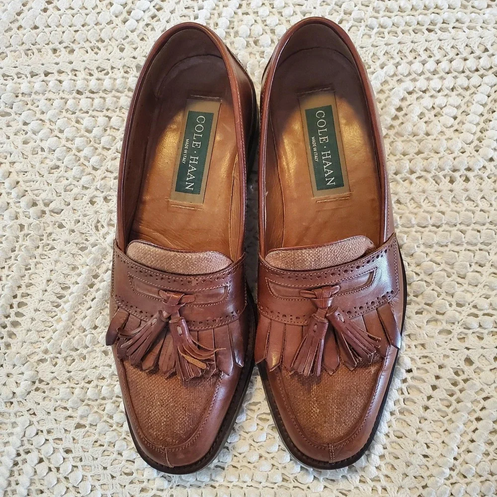 Cole Haan Loafers Mens Size 8 Brown Leather Tassel Kiltie Slip On Italy Shoes